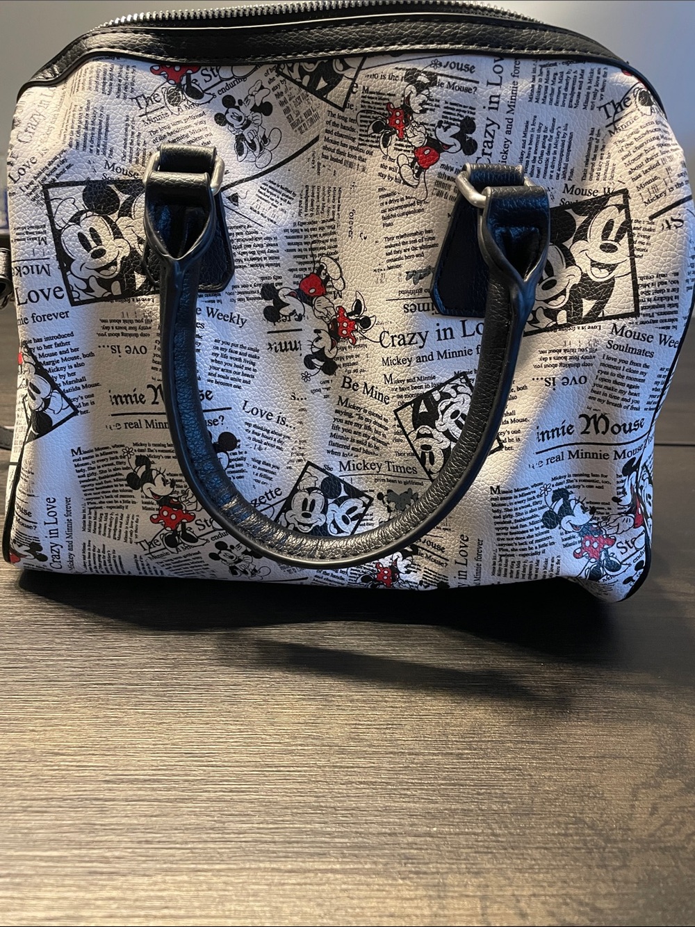 Disney Mikey and Minnie Newspaper-Print Satchel in Black, White & Red